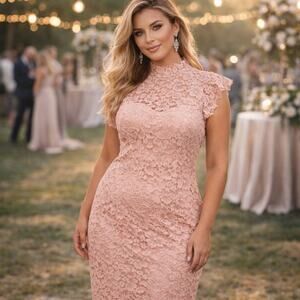 Enfocus Studio Lace Midi Dress Sz 4 Blush Romantic Wedding High Neck Coquette